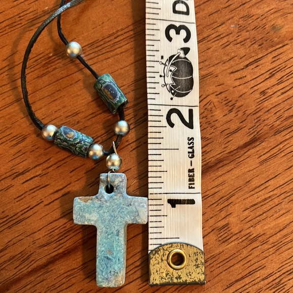 Beautiful boho style necklace with chunky blue stone cross on a leather cord. - Picture 11 of 16